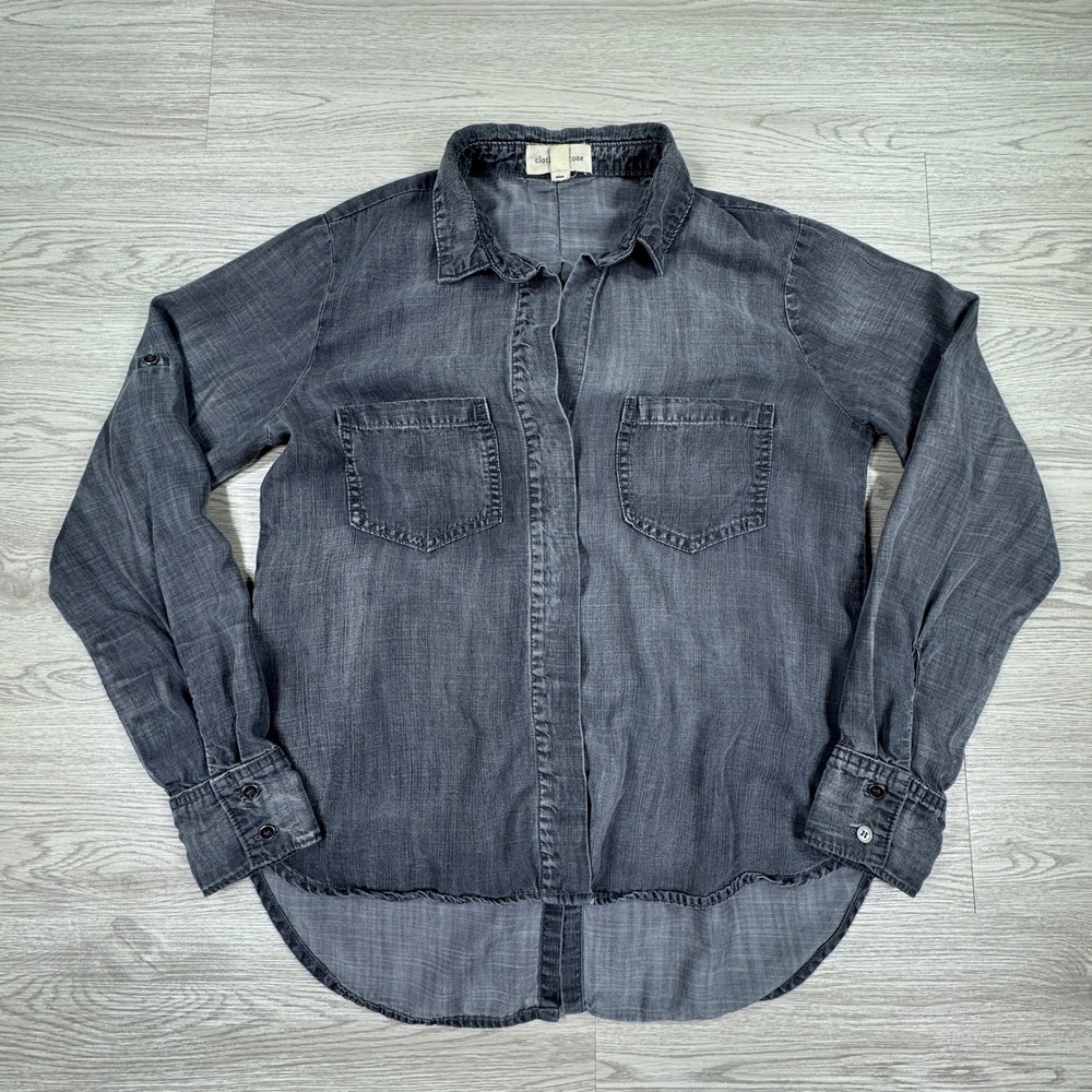 Cloth & Stone Women Button Down Shirt Gray Small Tencel High Low Roll Tab Sleeve